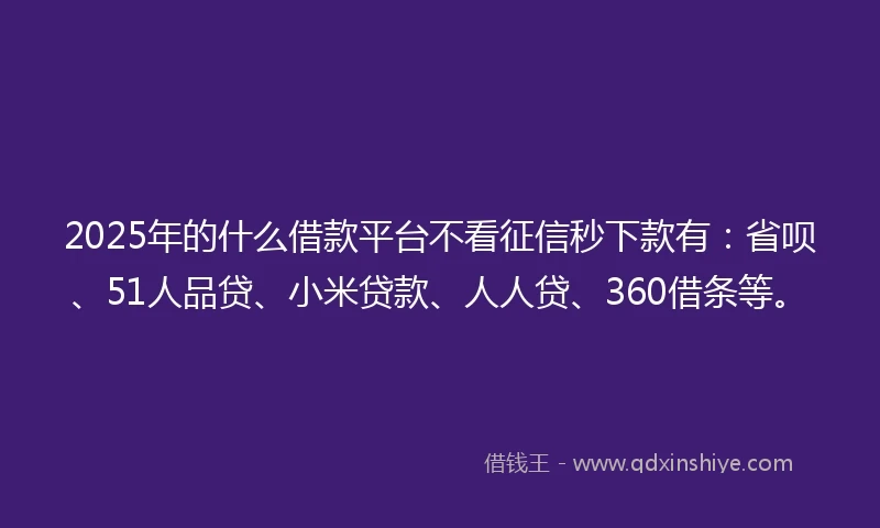 2025年的什么借款平台不看征信秒下款有：省呗、51人品贷、小米贷款、人人贷、360借条等。