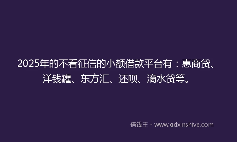2025年的不看征信的小额借款平台有：惠商贷、洋钱罐、东方汇、还呗、滴水贷等。