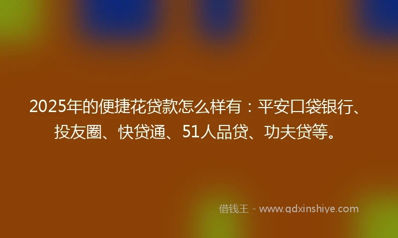 2025年的便捷花贷款怎么样有：平安口袋银行、投友圈、快贷通、51人品贷、功夫贷等。