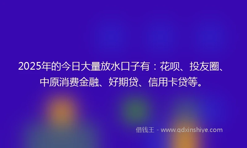 2025年的今日大量放水口子有：花呗、投友圈、中原消费金融、好期贷、信用卡贷等。