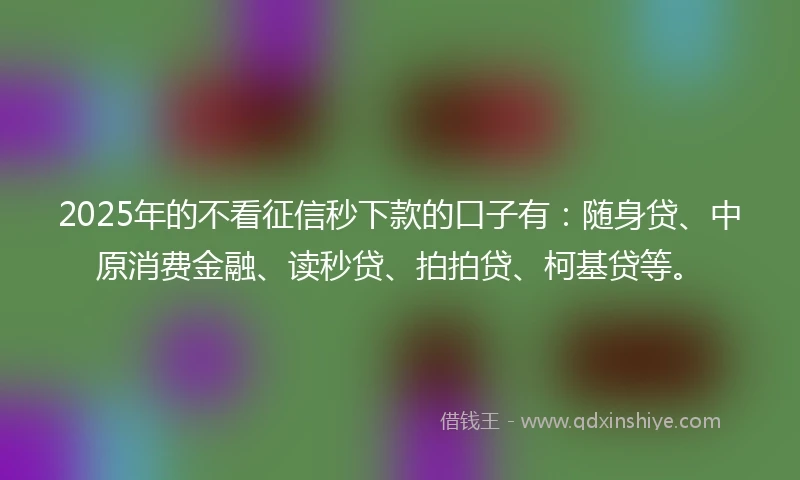 2025年的不看征信秒下款的口子有:随身贷、中原消费金融、读秒贷、拍拍贷、柯基贷等。