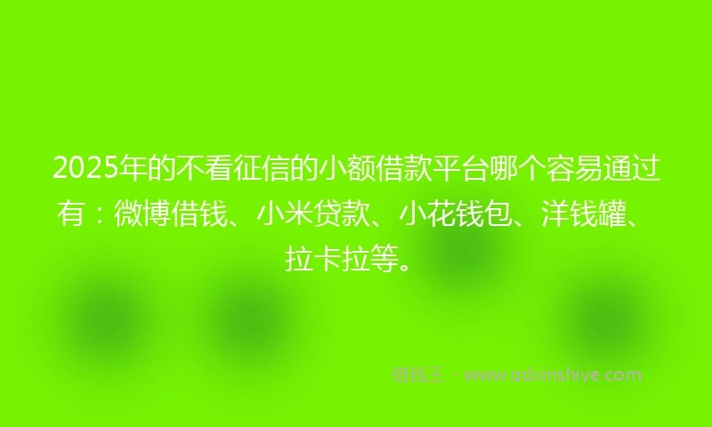 2025年的不看征信的小额借款平台哪个容易通过有：微博借钱、小米贷款、小花钱包、洋钱罐、拉卡拉等。
