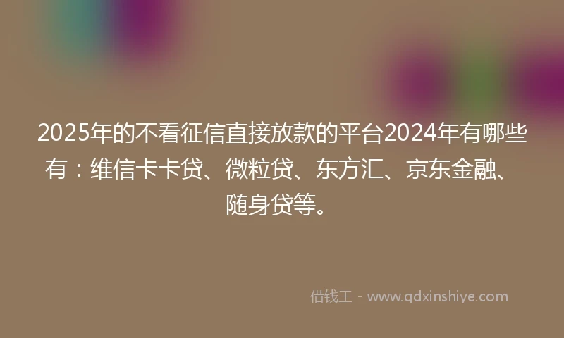 2025年的不看征信直接放款的平台2024年有哪些有：维信卡卡贷、微粒贷、东方汇、京东金融、随身贷等。