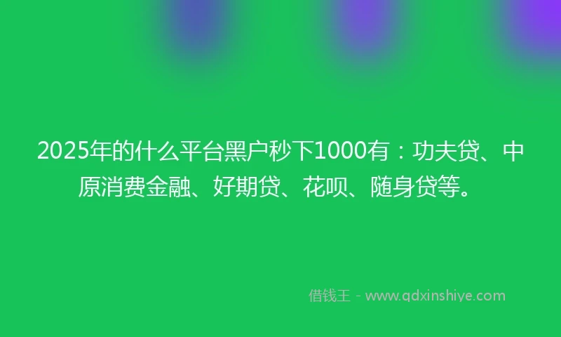 2025年的什么平台黑户秒下1000有：功夫贷、中原消费金融、好期贷、花呗、随身贷等。