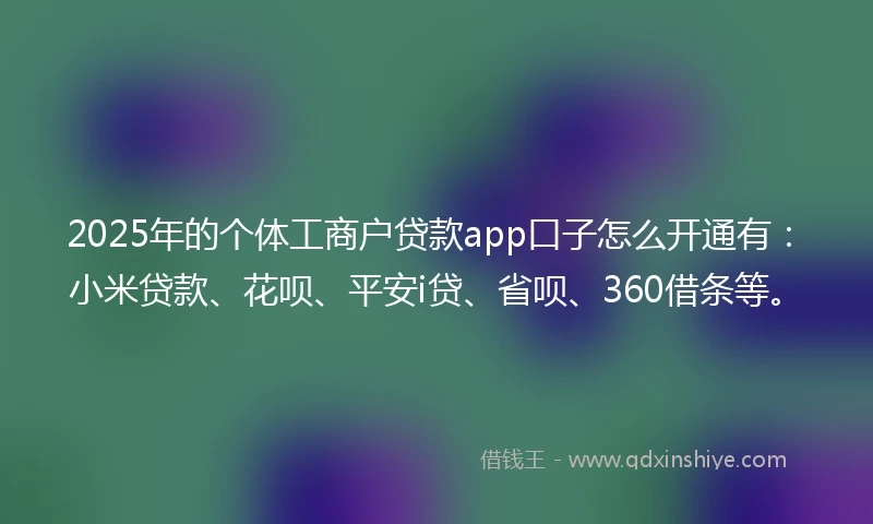 2025年的个体工商户贷款app口子怎么开通有：小米贷款、花呗、平安i贷、省呗、360借条等。