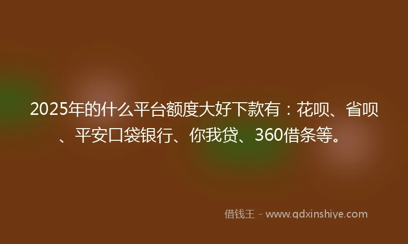 2025年的什么平台额度大好下款有：花呗、省呗、平安口袋银行、你我贷、360借条等。