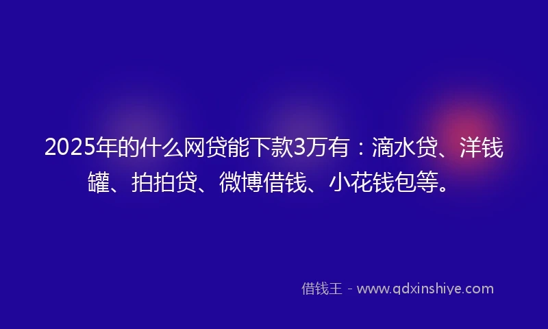 2025年的什么网贷能下款3万有：滴水贷、洋钱罐、拍拍贷、微博借钱、小花钱包等。