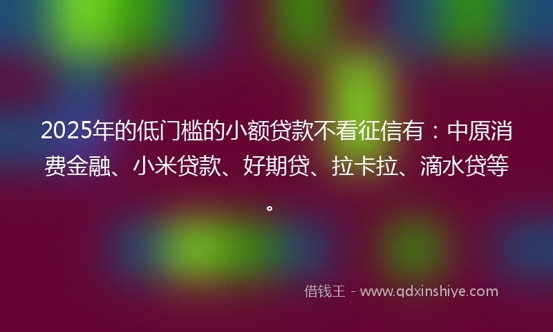 2025年的低门槛的小额贷款不看征信有：中原消费金融、小米贷款、好期贷、拉卡拉、滴水贷等。