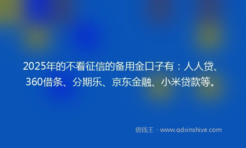 2025年的不看征信的备用金口子有：人人贷、360借条、分期乐、京东金融、小米贷款等。
