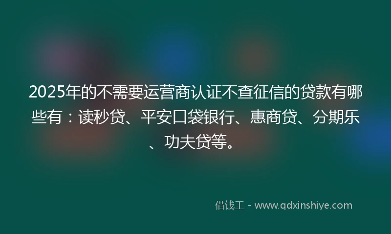 2025年的不需要运营商认证不查征信的贷款有哪些有：读秒贷、平安口袋银行、惠商贷、分期乐、功夫贷等。