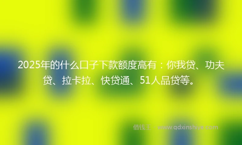 2025年的什么口子下款额度高有：你我贷、功夫贷、拉卡拉、快贷通、51人品贷等。