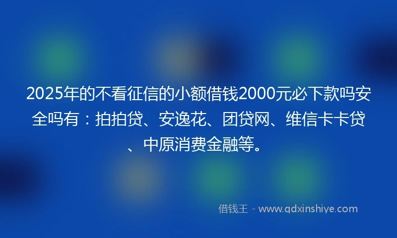 2025年的不看征信的小额借钱2000元必下款吗安全吗有：拍拍贷、安逸花、团贷网、维信卡卡贷、中原消费金融等。