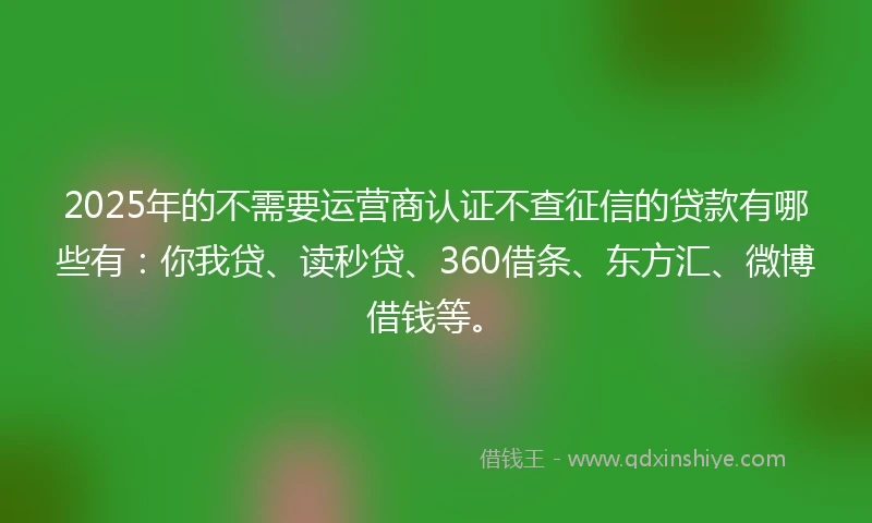 2025年的不需要运营商认证不查征信的贷款有哪些有：你我贷、读秒贷、360借条、东方汇、微博借钱等。
