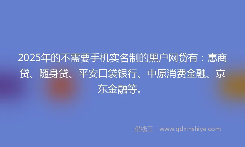 2025年的不需要手机实名制的黑户网贷有：惠商贷、随身贷、平安口袋银行、中原消费金融、京东金融等。