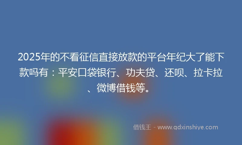 2025年的不看征信直接放款的平台年纪大了能下款吗有：平安口袋银行、功夫贷、还呗、拉卡拉、微博借钱等。