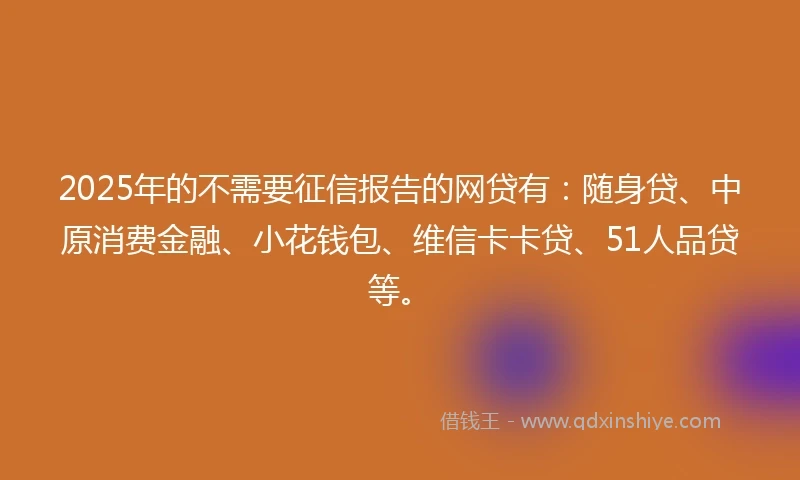 2025年的不需要征信报告的网贷有：随身贷、中原消费金融、小花钱包、维信卡卡贷、51人品贷等。