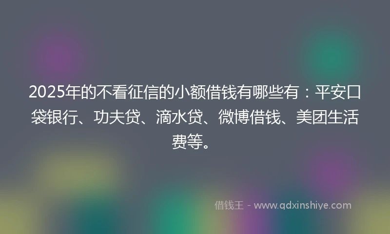 2025年的不看征信的小额借钱有哪些有：平安口袋银行、功夫贷、滴水贷、微博借钱、美团生活费等。