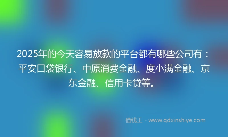 2025年的今天容易放款的平台都有哪些公司有：平安口袋银行、中原消费金融、度小满金融、京东金融、信用卡贷等。