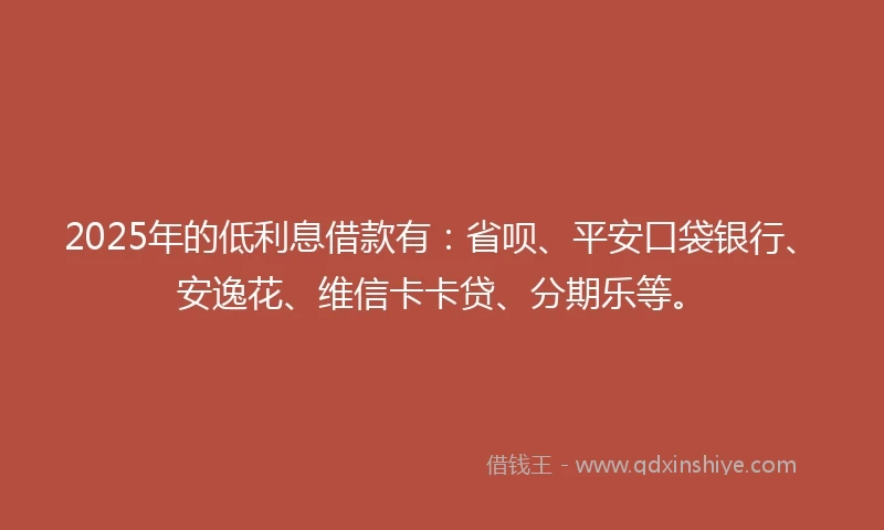 2025年的低利息借款有：省呗、平安口袋银行、安逸花、维信卡卡贷、分期乐等。