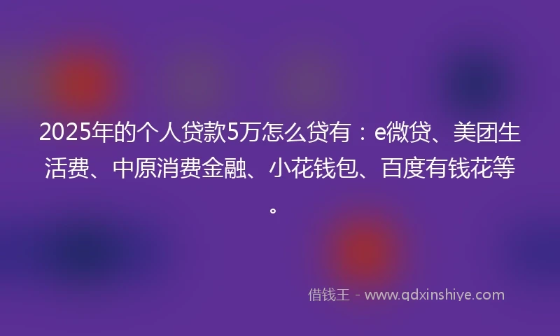 2025年的个人贷款5万怎么贷有：e微贷、美团生活费、中原消费金融、小花钱包、百度有钱花等。