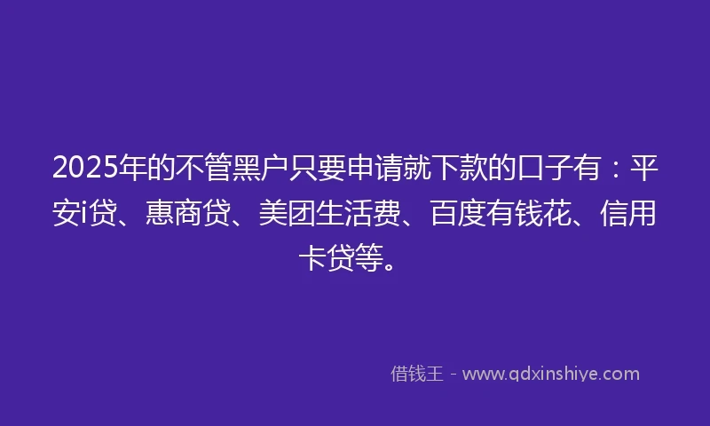 2025年的不管黑户只要申请就下款的口子有：平安i贷、惠商贷、美团生活费、百度有钱花、信用卡贷等。