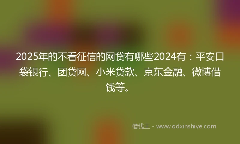 2025年的不看征信的网贷有哪些2024有:平安口袋银行、团贷网、小米贷款、京东金融、微博借钱等。