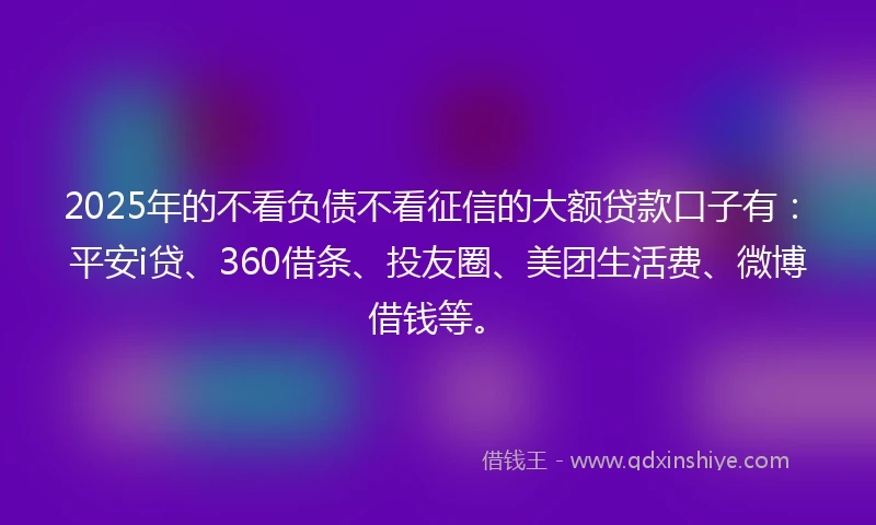 2025年的不看负债不看征信的大额贷款口子有：平安i贷、360借条、投友圈、美团生活费、微博借钱等。