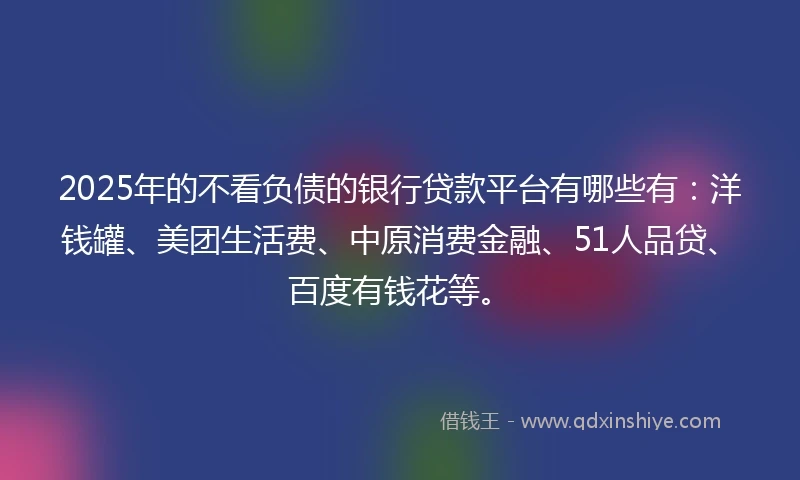 2025年的不看负债的银行贷款平台有哪些有：洋钱罐、美团生活费、中原消费金融、51人品贷、百度有钱花等。