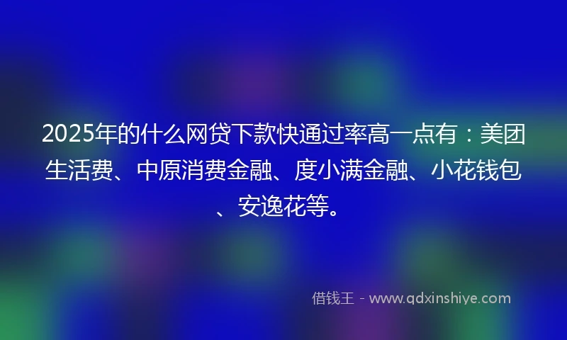 2025年的什么网贷下款快通过率高一点有：美团生活费、中原消费金融、度小满金融、小花钱包、安逸花等。