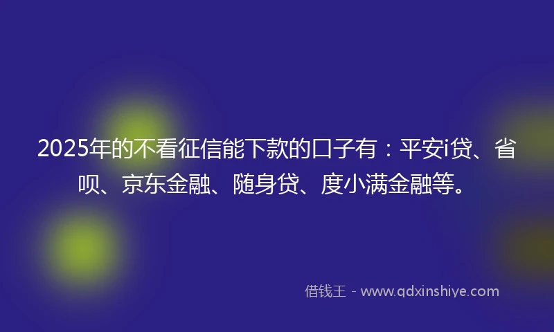 2025年的不看征信能下款的口子有：平安i贷、省呗、京东金融、随身贷、度小满金融等。
