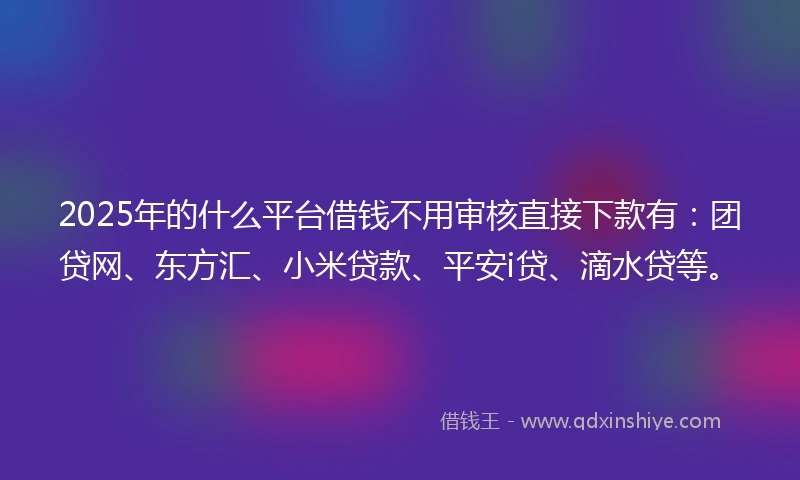 2025年的什么平台借钱不用审核直接下款有：团贷网、东方汇、小米贷款、平安i贷、滴水贷等。