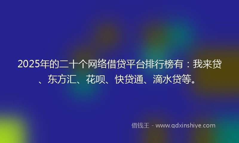 2025年的二十个网络借贷平台排行榜有:我来贷、东方汇、花呗、快贷通、滴水贷等。