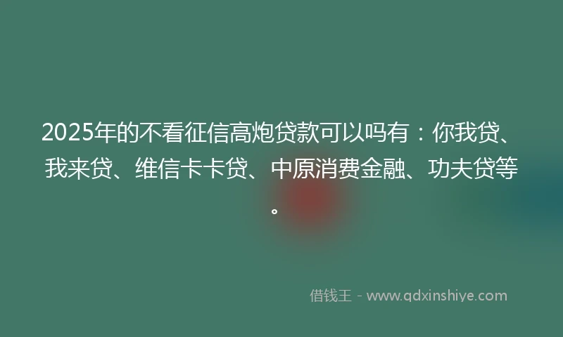 2025年的不看征信高炮贷款可以吗有：你我贷、我来贷、维信卡卡贷、中原消费金融、功夫贷等。