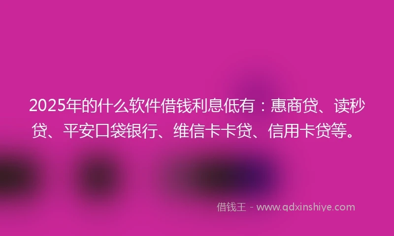 2025年的什么软件借钱利息低有：惠商贷、读秒贷、平安口袋银行、维信卡卡贷、信用卡贷等。