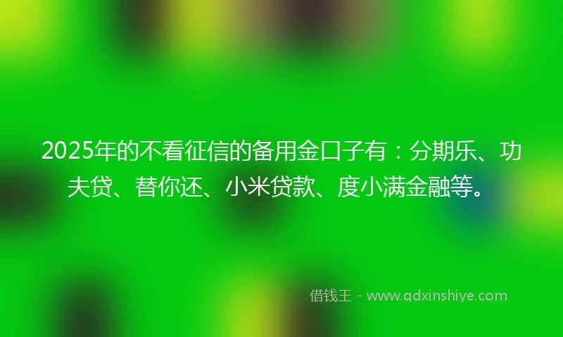 2025年的不看征信的备用金口子有：分期乐、功夫贷、替你还、小米贷款、度小满金融等。