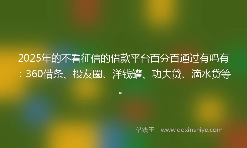 2025年的不看征信的借款平台百分百通过有吗有：360借条、投友圈、洋钱罐、功夫贷、滴水贷等。