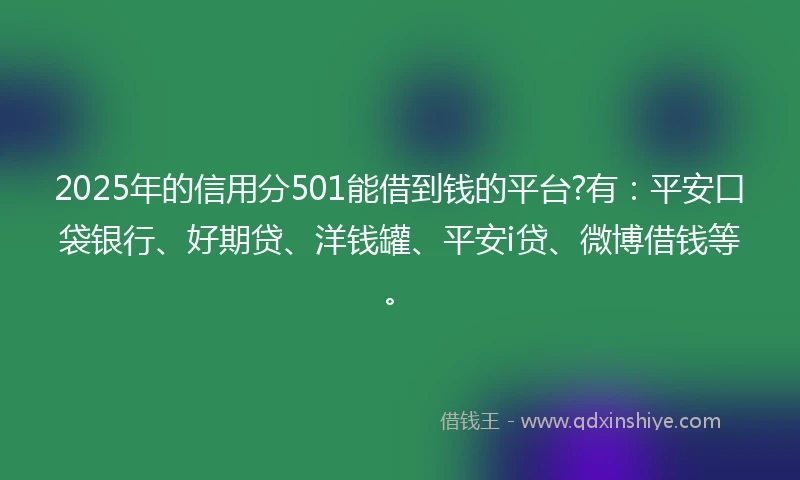 2025年的信用分501能借到钱的平台?有：平安口袋银行、好期贷、洋钱罐、平安i贷、微博借钱等。