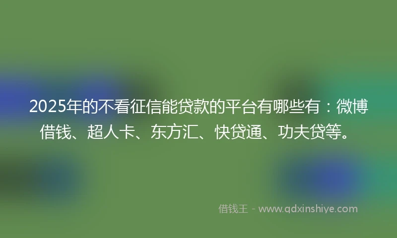 2025年的不看征信能贷款的平台有哪些有：微博借钱、超人卡、东方汇、快贷通、功夫贷等。