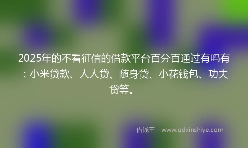 2025年的不看征信的借款平台百分百通过有吗有：小米贷款、人人贷、随身贷、小花钱包、功夫贷等。