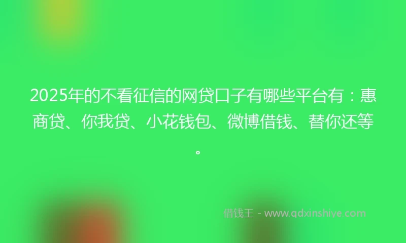 2025年的不看征信的网贷口子有哪些平台有：惠商贷、你我贷、小花钱包、微博借钱、替你还等。