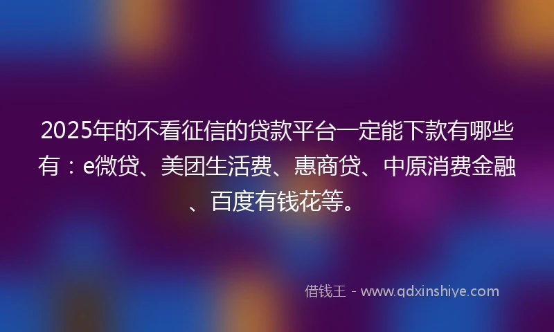 2025年的不看征信的贷款平台一定能下款有哪些有：e微贷、美团生活费、惠商贷、中原消费金融、百度有钱花等。