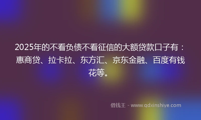 2025年的不看负债不看征信的大额贷款口子有：惠商贷、拉卡拉、东方汇、京东金融、百度有钱花等。
