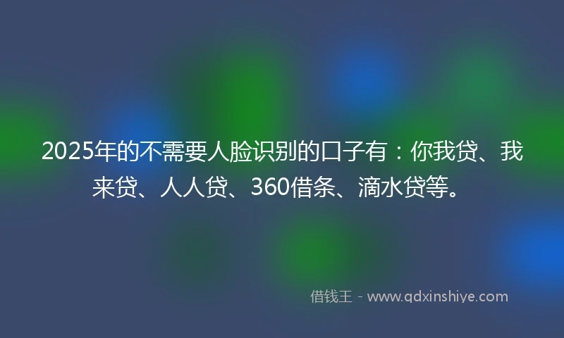 2025年的不需要人脸识别的口子有：你我贷、我来贷、人人贷、360借条、滴水贷等。