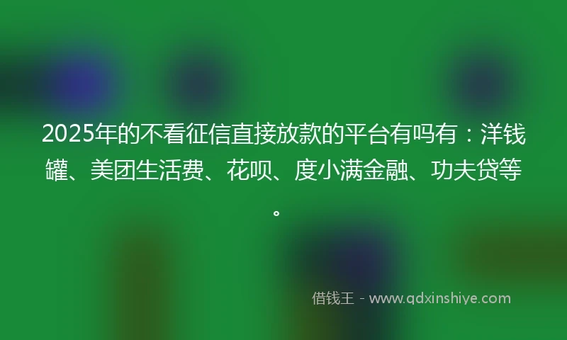 2025年的不看征信直接放款的平台有吗有：洋钱罐、美团生活费、花呗、度小满金融、功夫贷等。