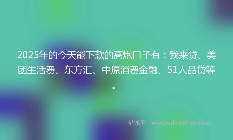2025年的今天能下款的高炮口子有:我来贷、美团生活费、东方汇、中原消费金融、51人品贷等。