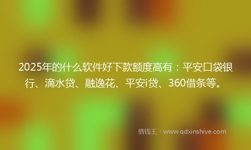 2025年的什么软件好下款额度高有：平安口袋银行、滴水贷、融逸花、平安i贷、360借条等。