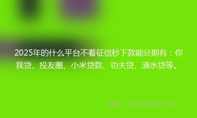 2025年的什么平台不看征信秒下款能分期有：你我贷、投友圈、小米贷款、功夫贷、滴水贷等。