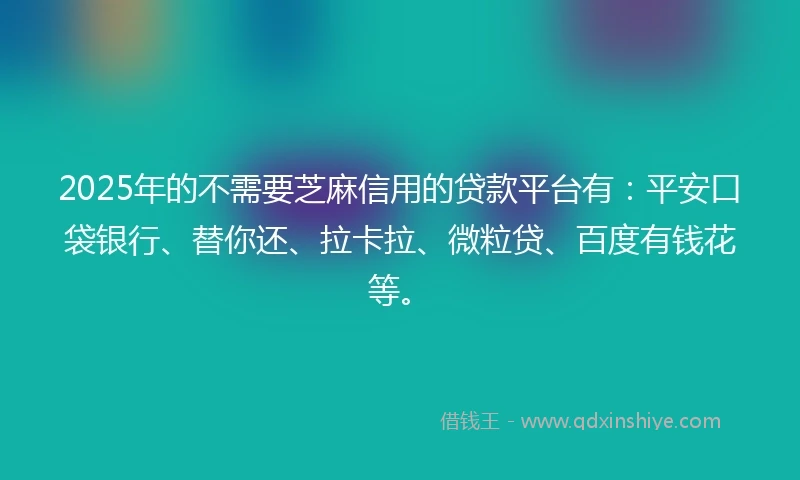2025年的不需要芝麻信用的贷款平台有：平安口袋银行、替你还、拉卡拉、微粒贷、百度有钱花等。