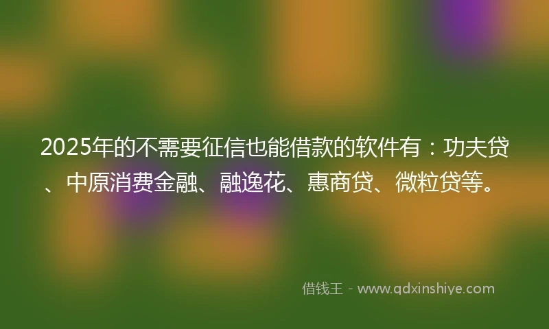 2025年的不需要征信也能借款的软件有：功夫贷、中原消费金融、融逸花、惠商贷、微粒贷等。