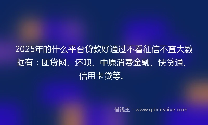2025年的什么平台贷款好通过不看征信不查大数据有：团贷网、还呗、中原消费金融、快贷通、信用卡贷等。